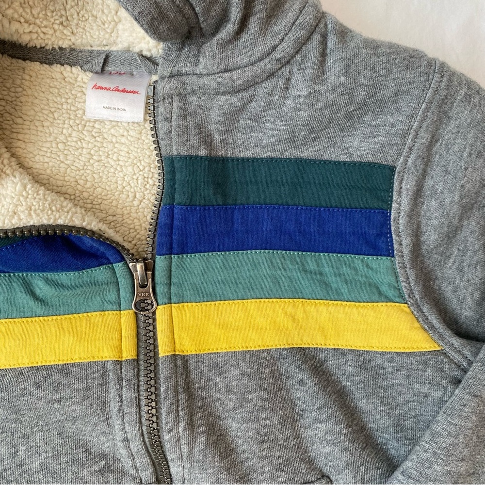 HANNA ANDERSSON Sherpa Lined Hoodie Zip Sweatshirt Sweater Jacket Grey Stripe - Picture 4 of 14
